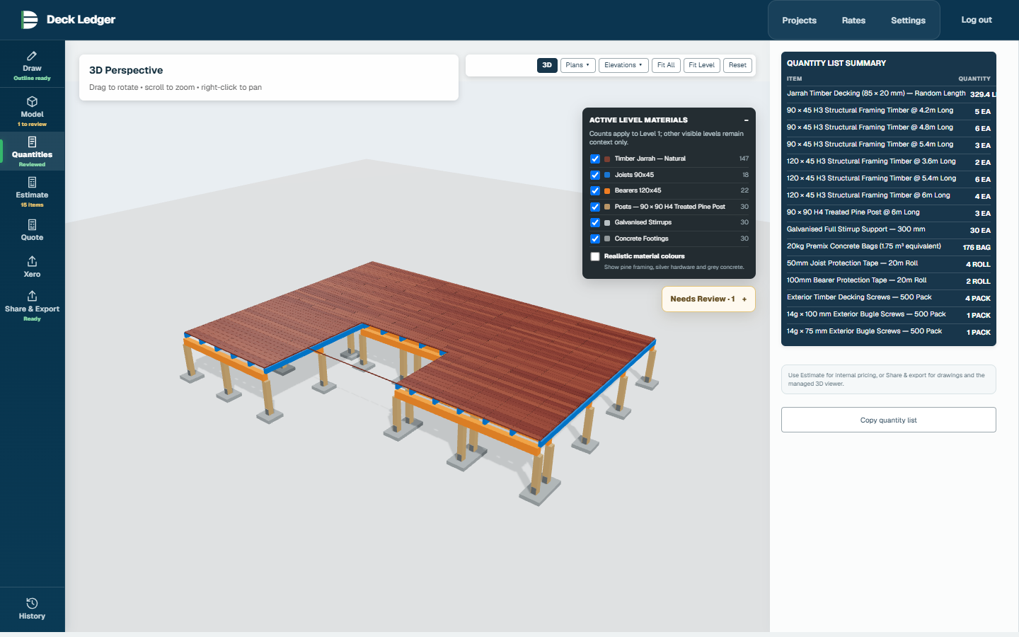 Example Deck Ledger model and material quantities using a neutral timber deck board
