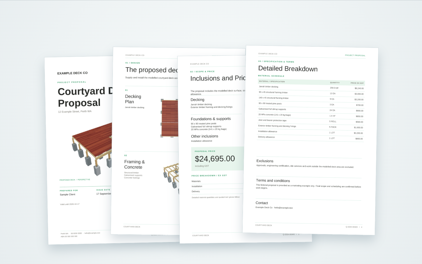 Four overlapping pages from a synthetic Deck Ledger customer quote