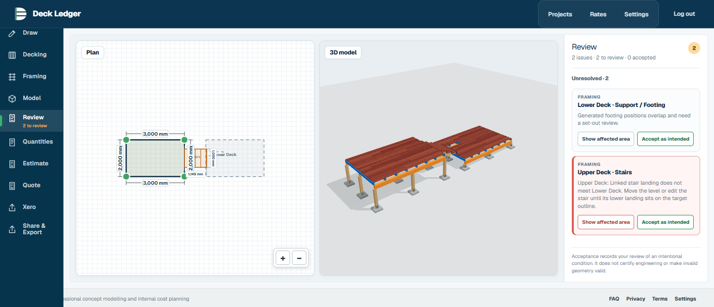 Deck Ledger Review workspace showing a computed stair landing issue on a synthetic two-level deck
