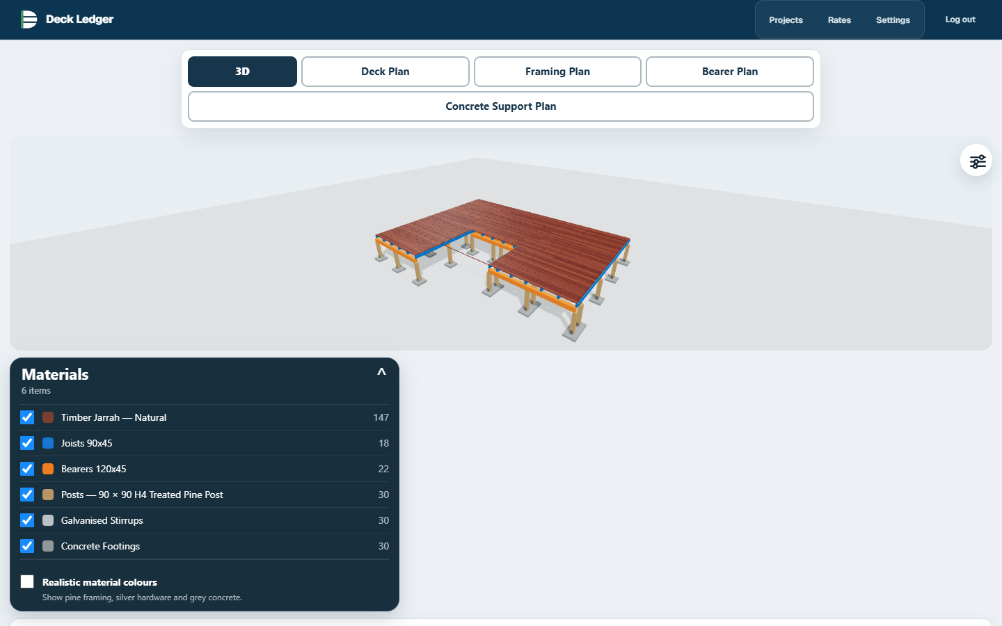 Example read-only Deck Ledger 3D viewer using a neutral timber deck board