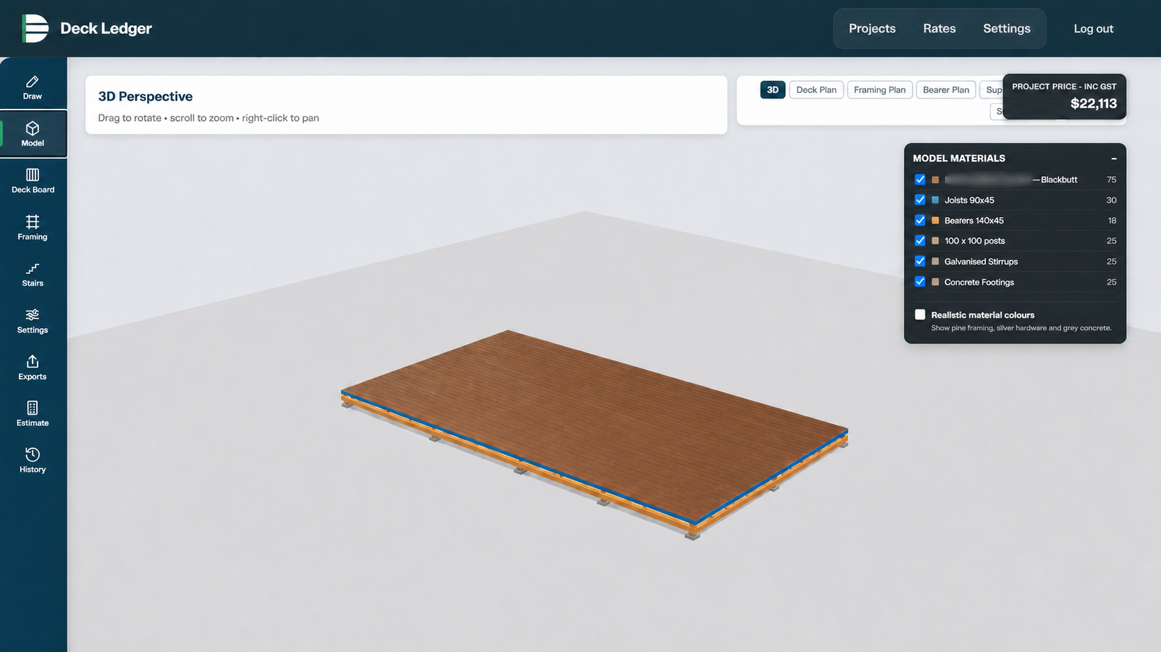Current Deck Ledger 3D model view of a low rectangular deck without stairs