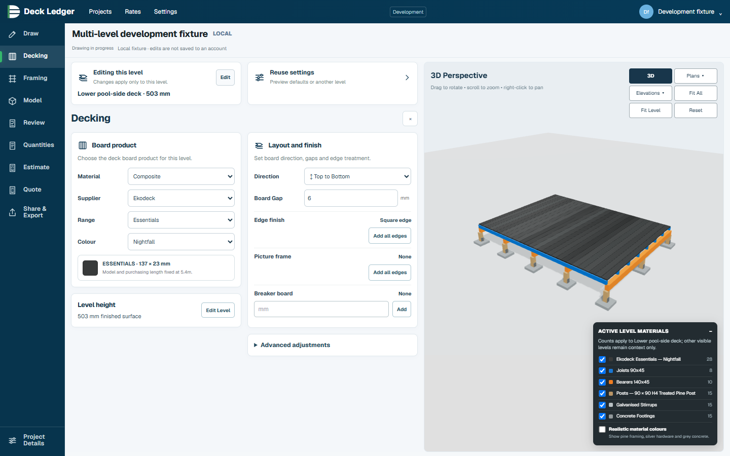 Example Deck Ledger decking settings and three-dimensional model