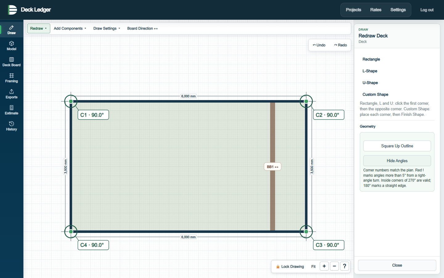 Example Deck Ledger drawing workspace with outline and dimension controls