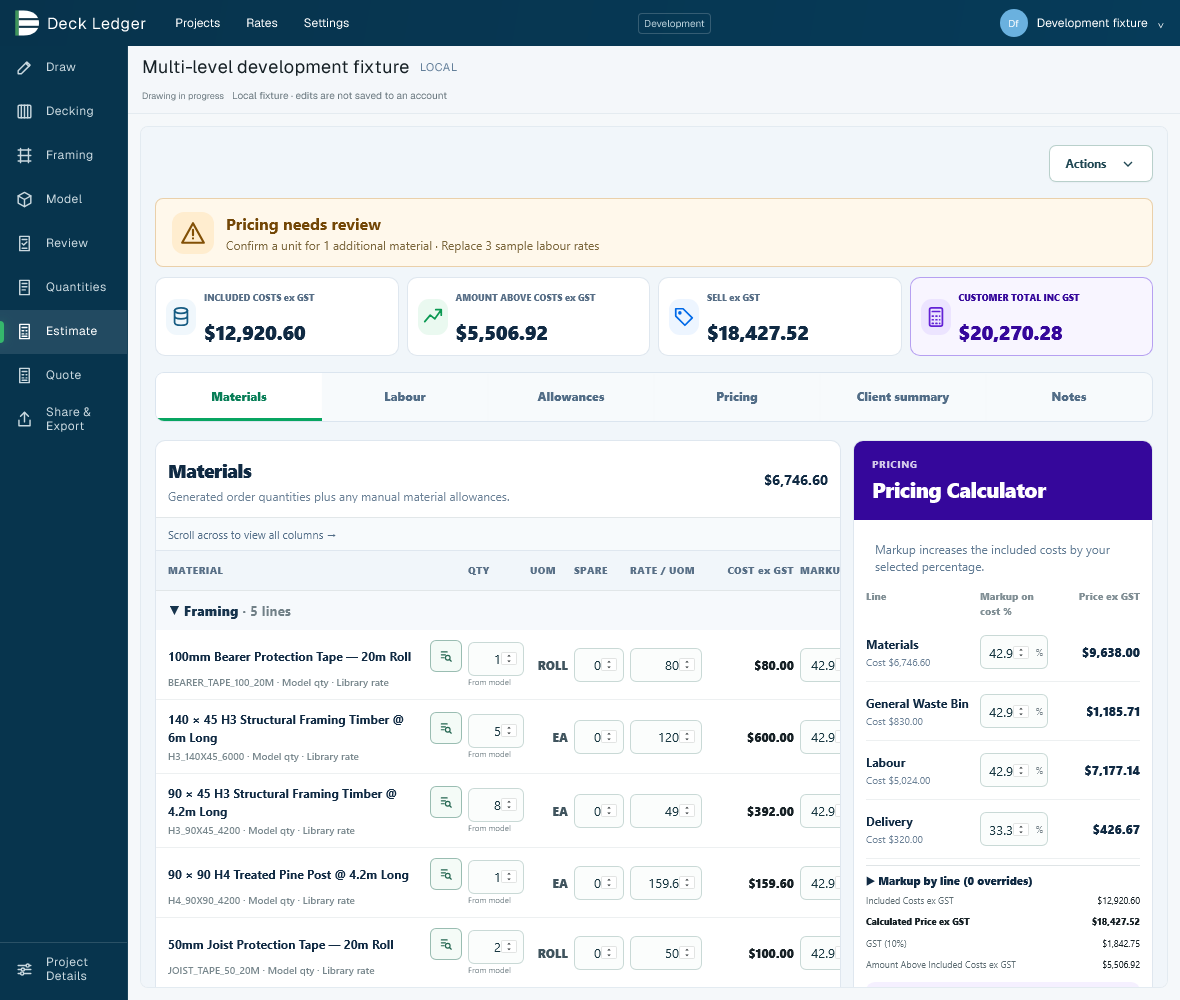 Example Deck Ledger internal estimate and pricing workspace