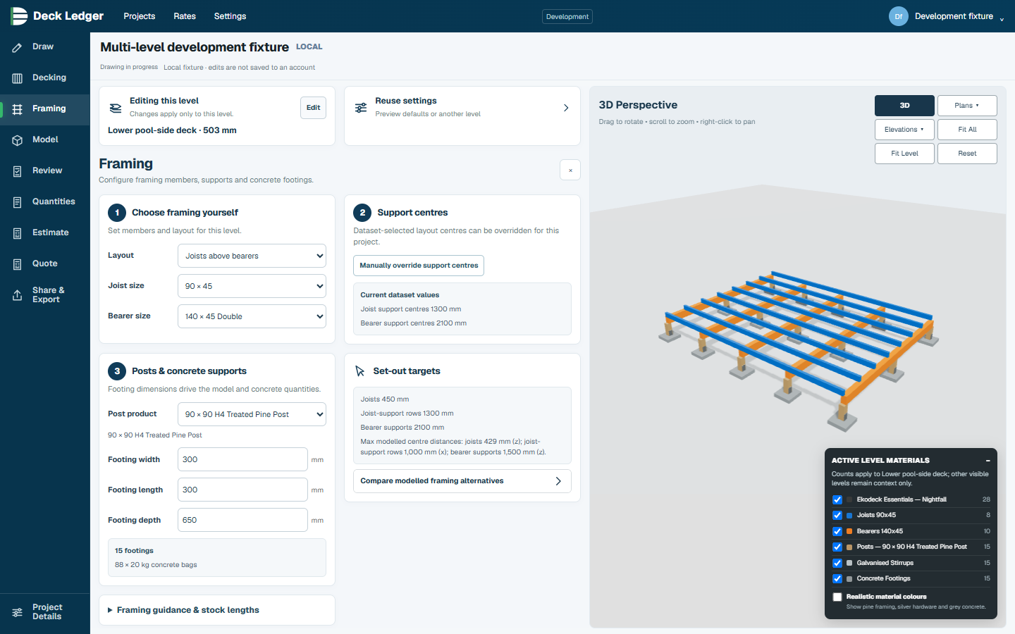 Example Deck Ledger framing settings and preliminary frame model