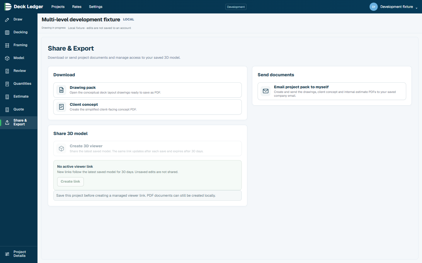 Example Deck Ledger Share and Export workspace with the drawing-pack action